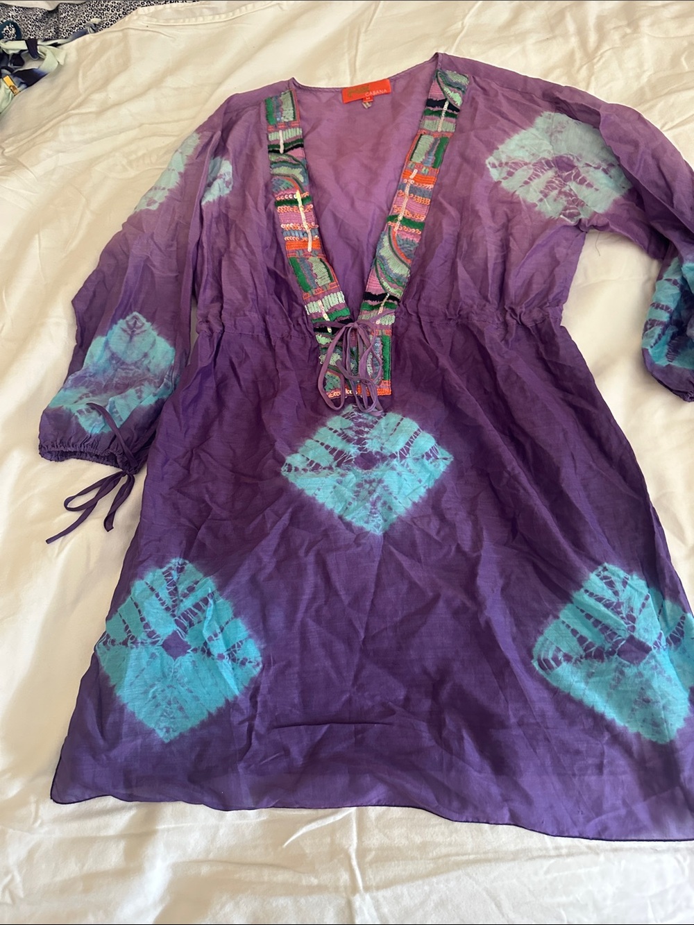 Hale Bob Purple & Turquoise Tie-Dye Swim Coverup with Embroidered Neckline